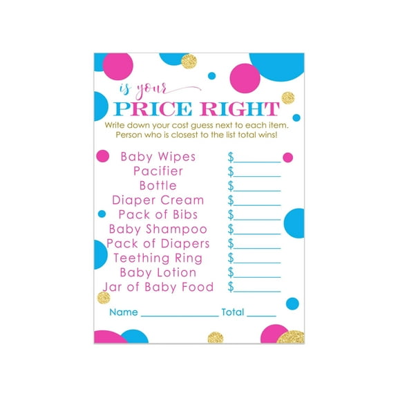 Gender Reveal Guess the Price Right Game Cards (25 Pack) Baby Shower Games Girl or Boy – Pink and Blue Themed Supply 4x6 Size Set - Paper Clever Party