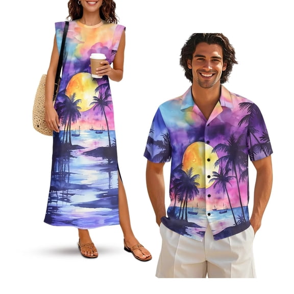 Jeiento Matching Hawaiian Outfits for Couples Mens Summer Shirts Maxi Sundresses Coconut Tree Soft Stylish Maxi Dress with Pockets Purple Hawaii Shirts