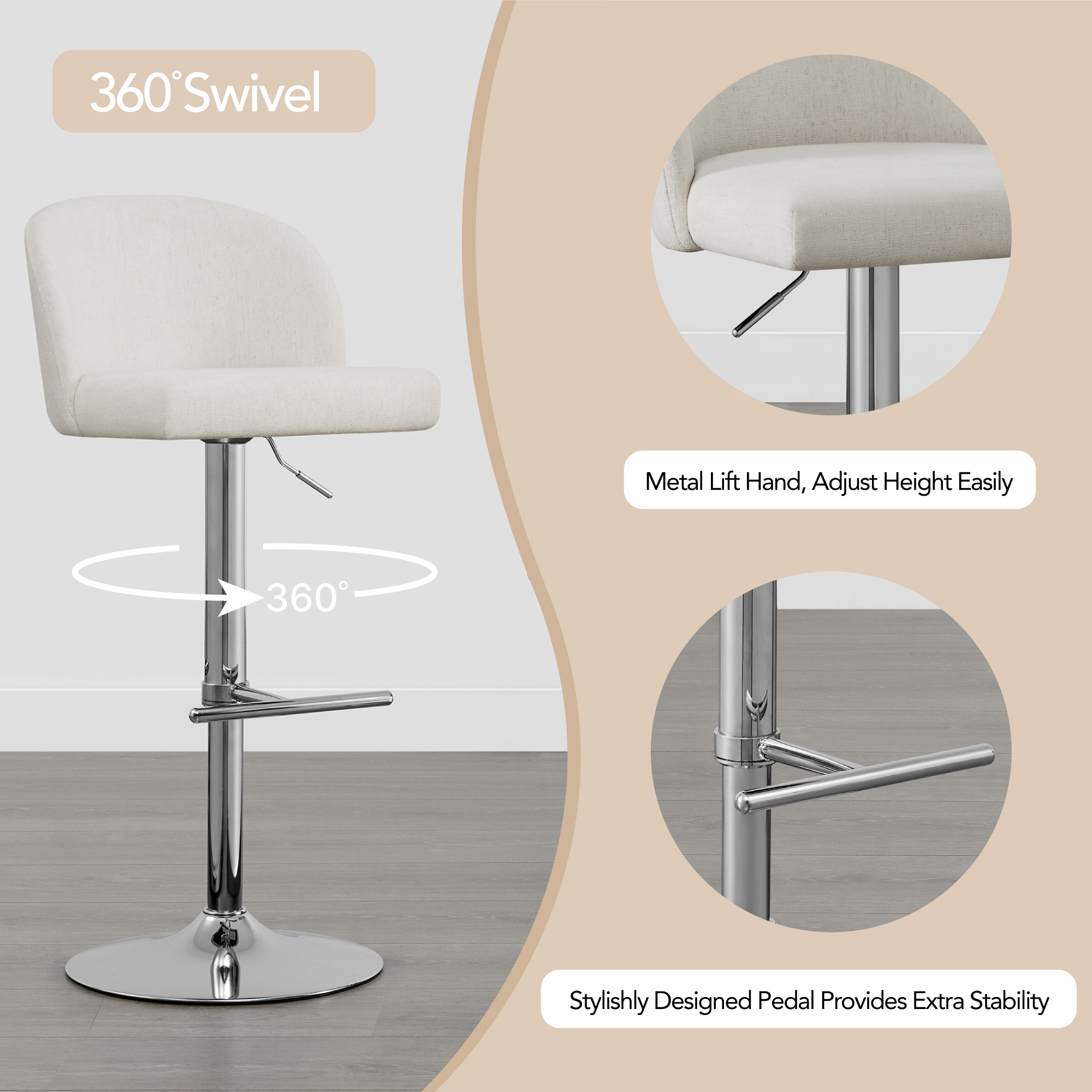 Spruce & Spring Modern Adjustable Swivel Bar Stool with Air-Lift Set of 2, White with Silver Frame