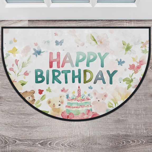 CURLYOOT Birthdays Animal Celebration Theme Half Round Door Mat 40'' x 63'', Indoor Outdoor Entrance Rug, Semi Circular Area Rug, Non Slip Washable Absorbent Doormat, Laundry Room Rug
