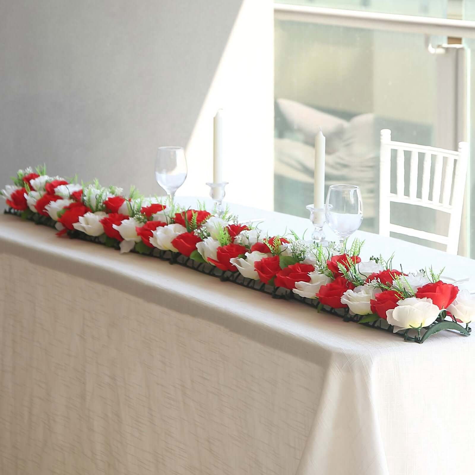 Efavormart 6 Pack Red Ivory Silk Rose Flower Panel Table Runner, Artificial Floral Arrangements Dining Table Decor - 20"x8"