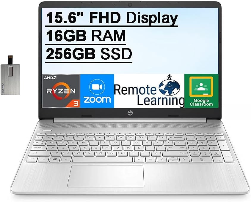 HP 15.6" FHD Display Laptop Computer, AMD Ryzen 3-3250U Processor(Beats Intel i5-1035G1), 16GB DDR4 RAM, 256GB SSD, AMD Radeon Graphics, HD Webcam, HDMI, Win 10S, Silver, 32GB Hotface USB Card