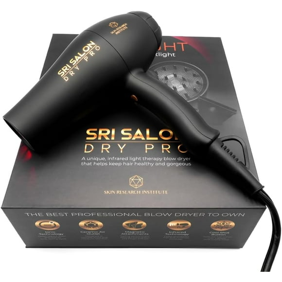 Red Light SRI Salon Dry Pro Infrared Hair Dryer by Skin Research Institute | Negative Ions for Reduced Frizz, Fast-Drying and Max Shine, Attachments Included