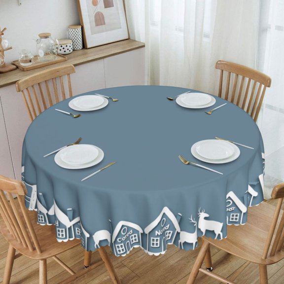 Winter Village Scene With Snowflake Round Tablecloth Waterproof Table Cloth Stain and Wrinkle Resistant Washable, Decorative Fabric Table Cover for Dining, Party and Camping