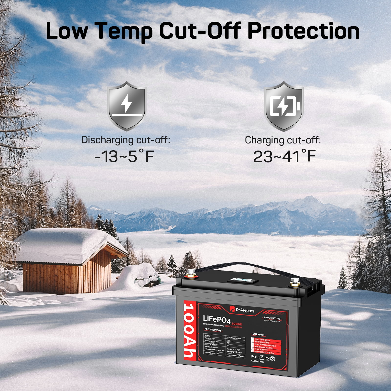 Dr. Prepare 12V 100Ah LiFePO4 Battery with Screen (Version Series 48V) , Lithium Deep Cycle Battery for RVs, Boats, Camping, Marine, Solar System