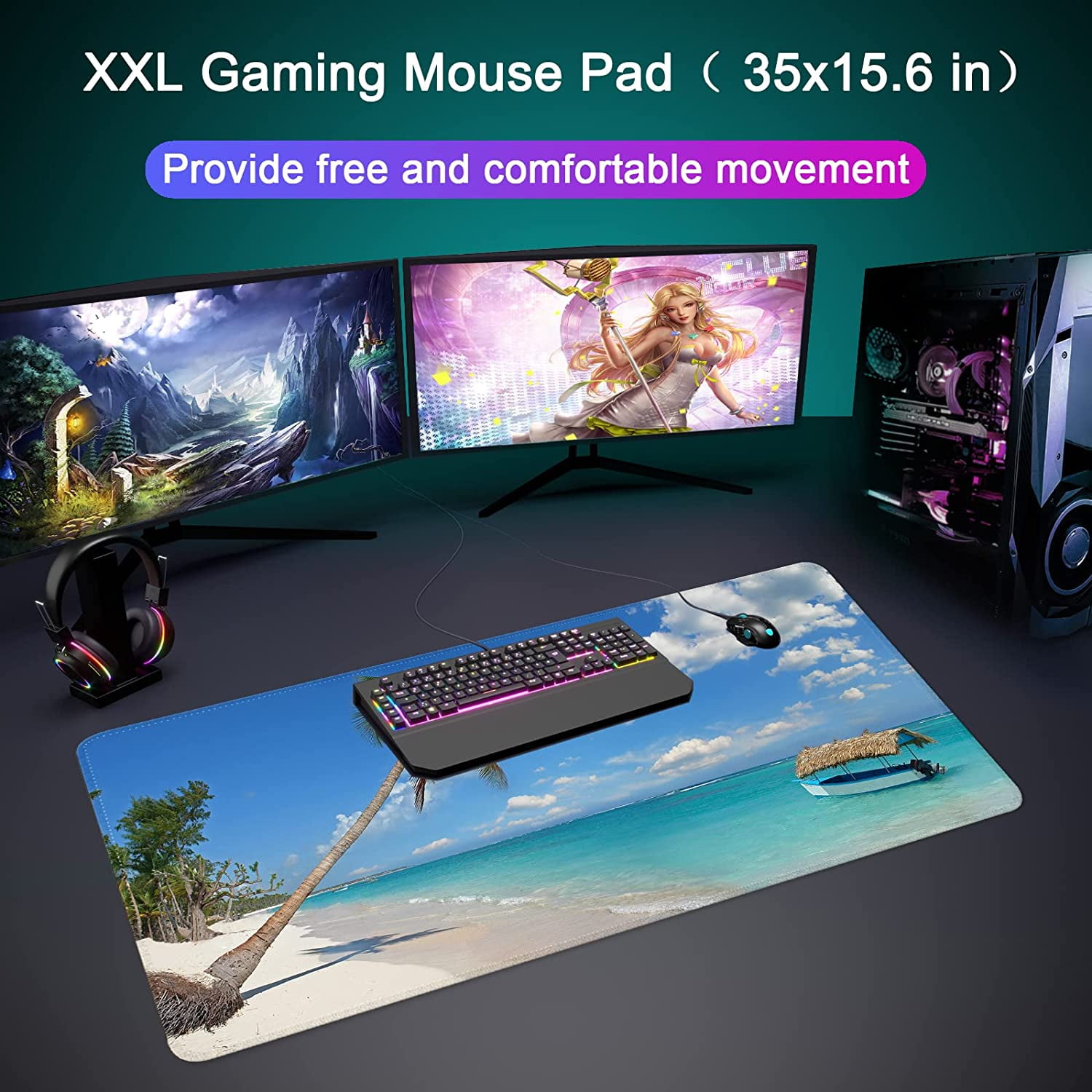Desk Mat,Large Mouse Pad 35''×15.6'' XXL Extended Gaming Mouse Pad Mat with Non-Slip Base Stitched Eges Mousepad for Computer,Office,Keyboard and Laptop - Palm Sea