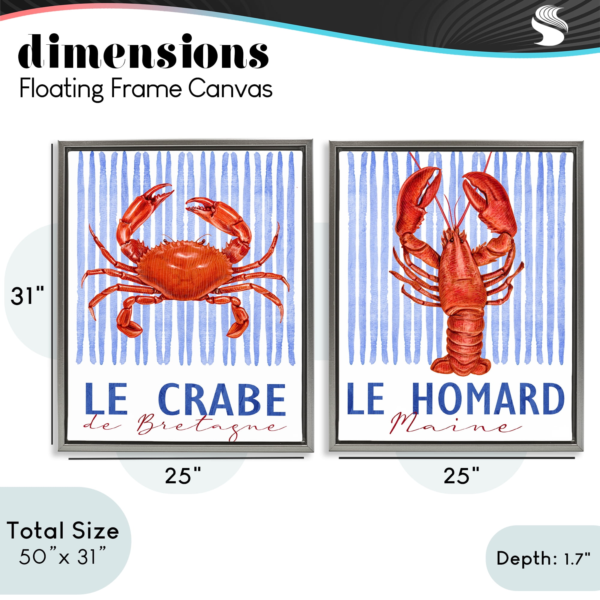 Stupell Industries Nautical Stripes Sea Creatures 2 Piece Gray Framed Floater Canvas Set, design by Kim Allen