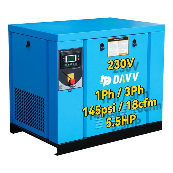 HPDMC 5.5HP Rotary Screw Air Compressor, 230V 1-Phase/3-Phase, 18 CFM @ 145 PSI, Industrial Oil-Lubricated Air Pump with Variable Frequency Drive & Touch Screen Control, 39.3''×24.8''×32.6''