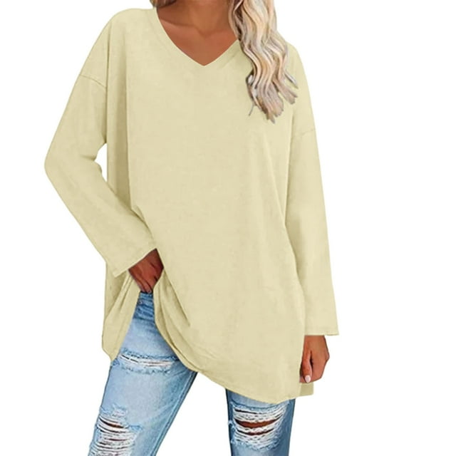 Breezora Tunique à Col Rond Surdimensionnée pour Femmes Chemise à Manches Longues Rayée Douce Coupe Ample Blouse Décontractée Confort Quotidien 2026 Taille P Jaune