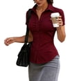 thumbnail image 2 of BODOAO Women's Short Sleeve Button Down Shirts Slim Fit Work Blouse Pack Ruched Business Casual Collared Office Tops Plain Tee Dress Shirts Uniform Wine XL, 2 of 8