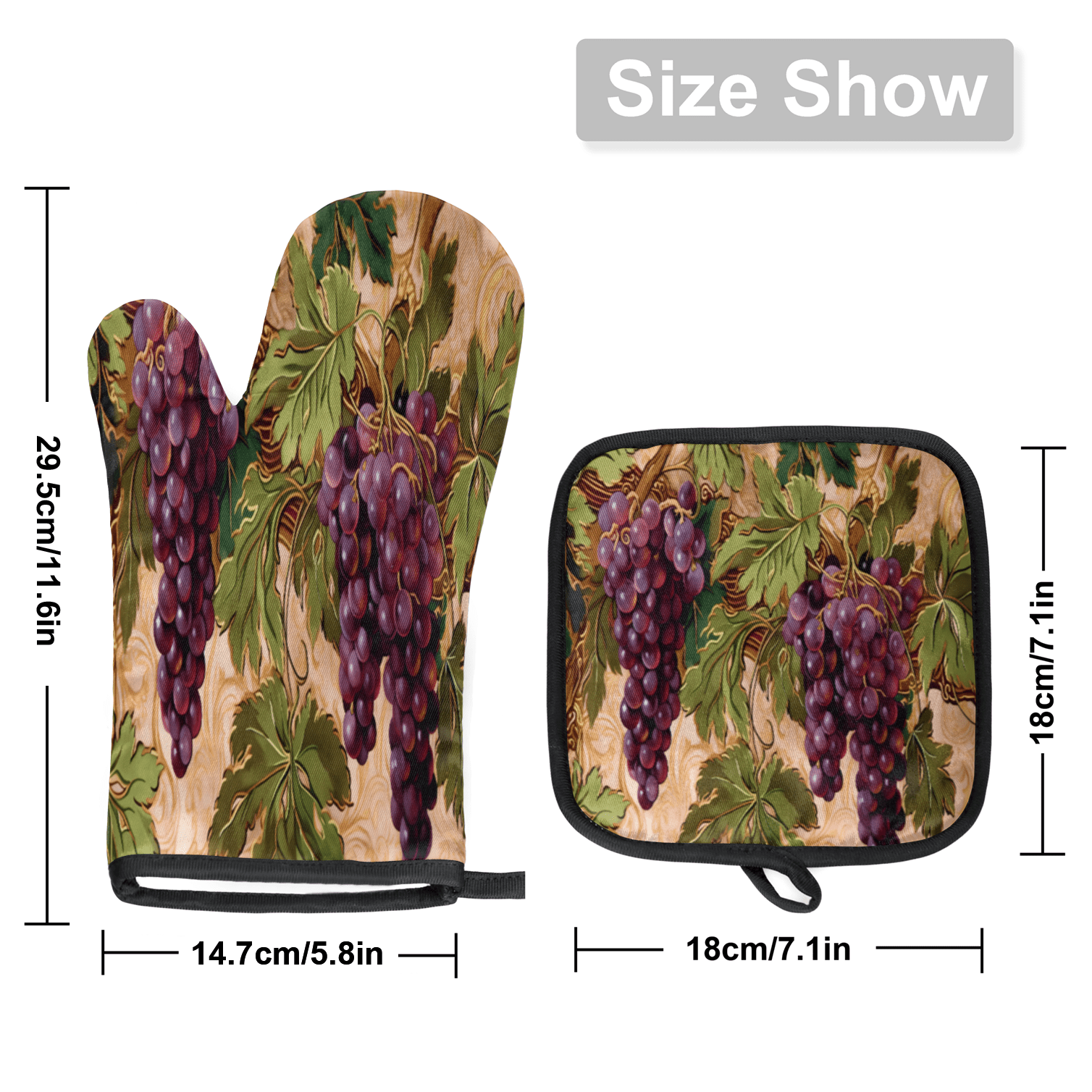 CURLYOOT Vintage Grape Oven Mitts and Pot Holders Sets of 2, Non-Slip Washable Hot Pads and Oven Gloves for Kitchen Cooking Baking