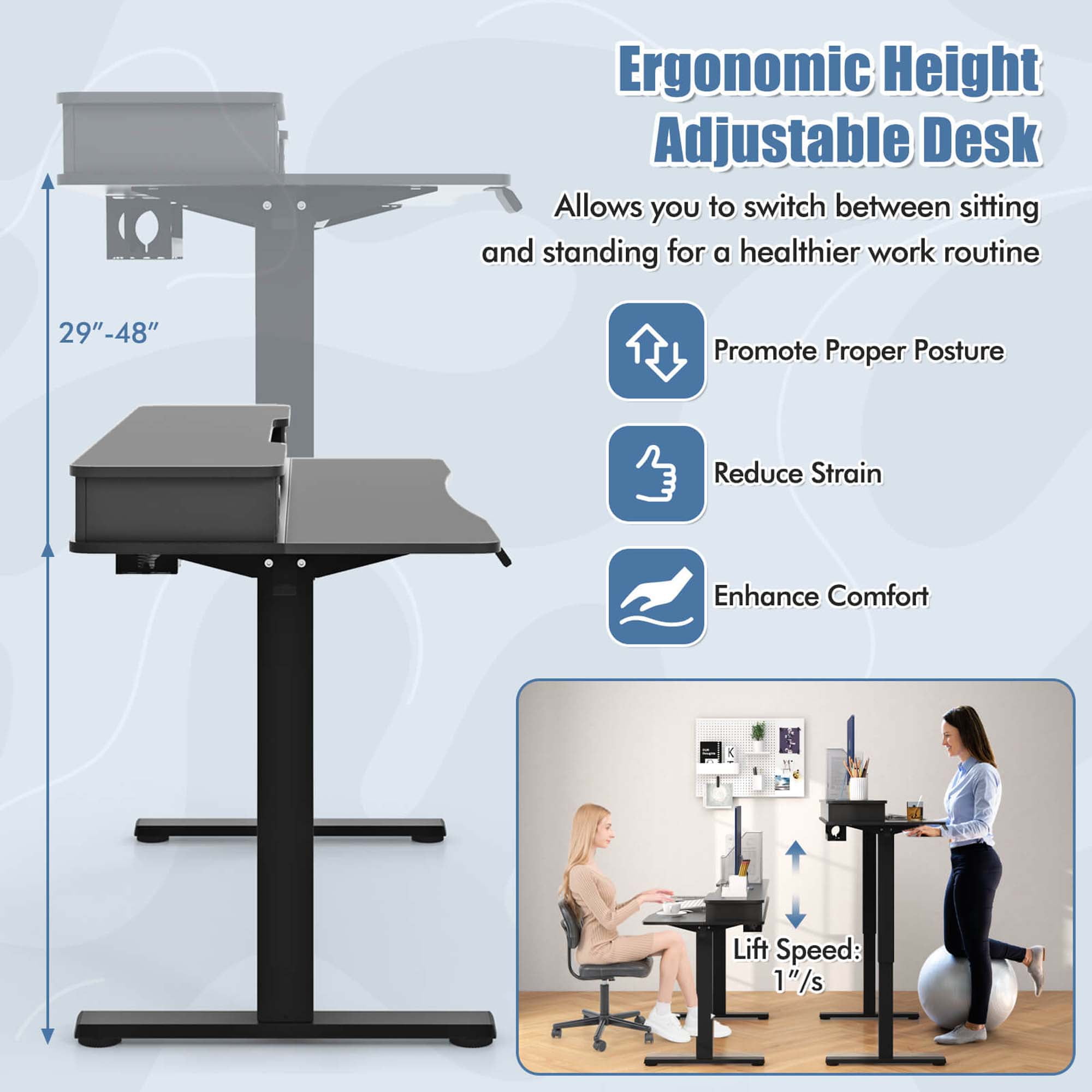 Costway 63" x 24" Electric Standing Desk with 2 Drawers Monitor Stand Storage Shelf Black