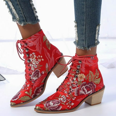 

Women s Floral Ankle Heel Boots Heel Fashion Print Laceup Women s Boots