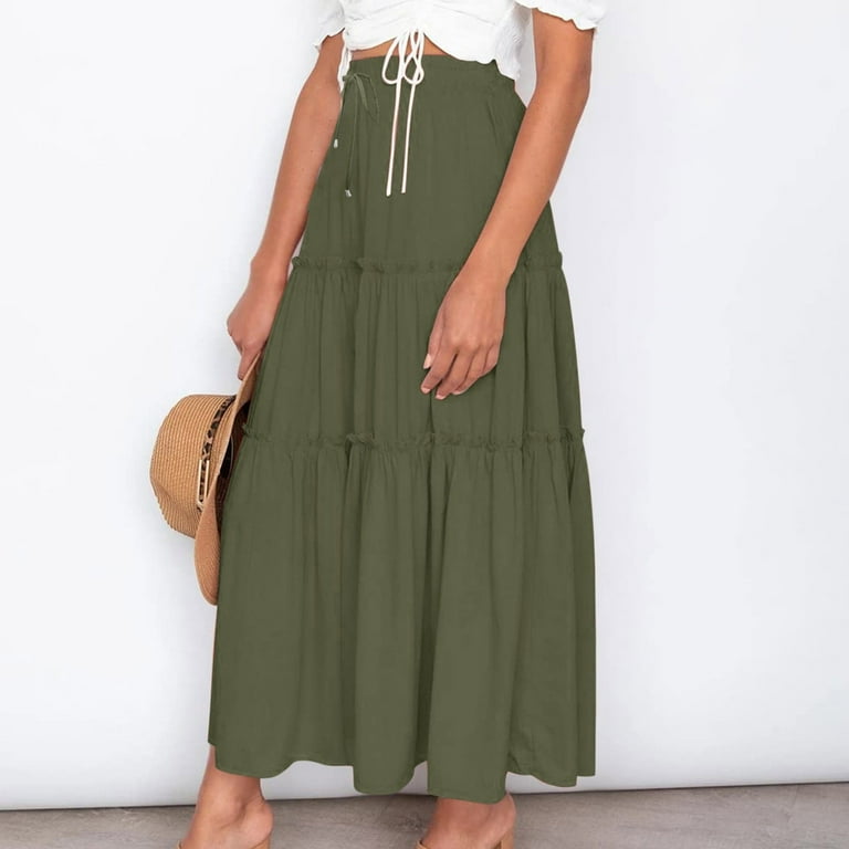 WREESH Womens Summer Boho Elastic High Waist Maxi Skirt