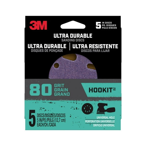 3M Ultra Durable 5 inch Power Sanding Discs, 80 Grit, Universal Hole, 5 Pack