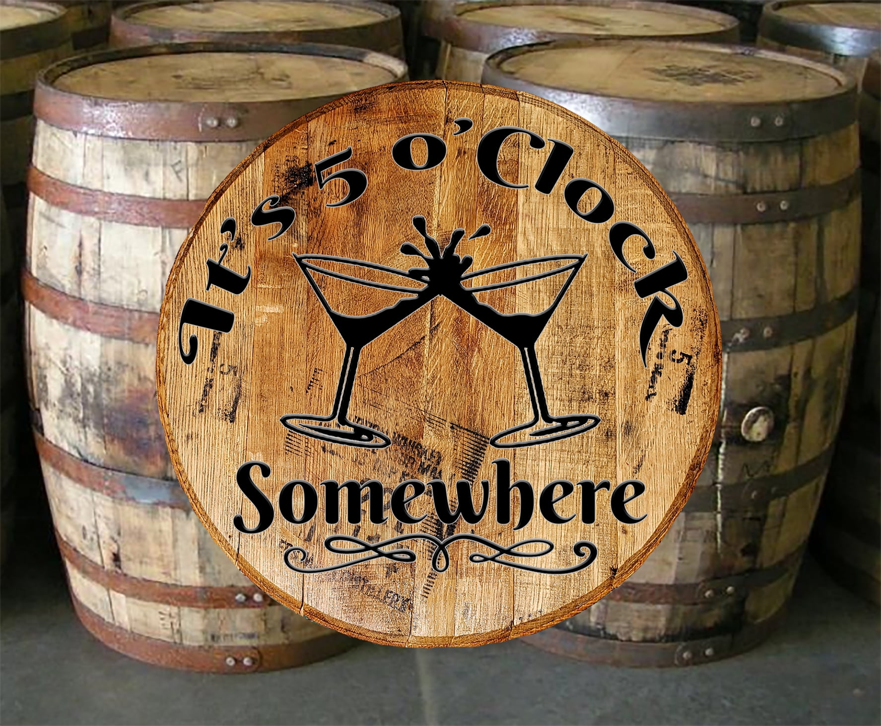 Whiskey Barrel Head 5 oclock Somewhere Martini Bar Sign Home Decor Wall