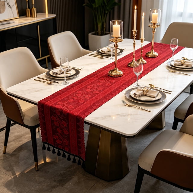 Linnome Burgundy Floral Embossed Polyester Table Runner 11.81x70.87 Inch with Tassels Vintage Farmhouse Dining Table Decor