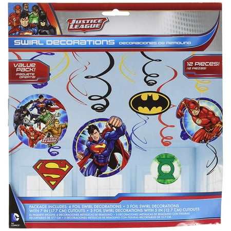Adventure Filled Justice League Birthday Party Hanging Swirl Value Pack Decorations, Multi Colored, Foil, Assorted Sizes, 12-Piece