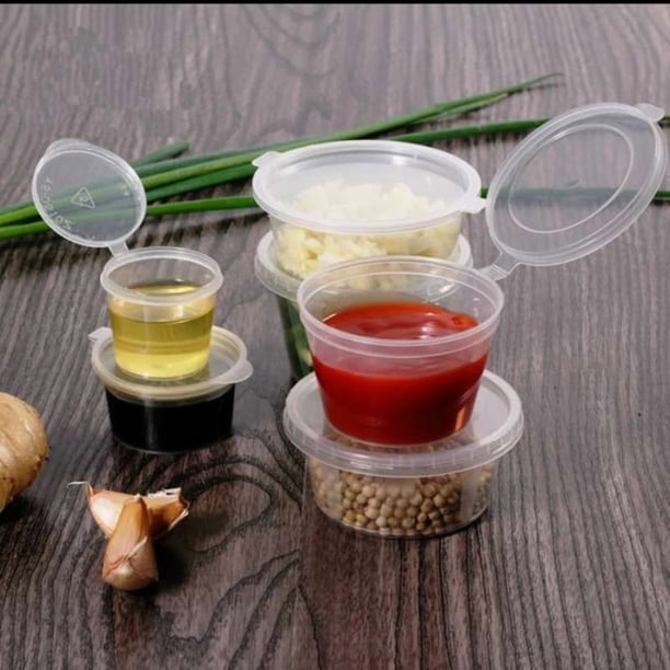 ¡Oferta de liquidación! Vasos desechables de una sola pieza para salsa de 4 oz, 50 unidades. Recipientes de plástico pequeños de 4 oz con tapa para chupitos de comida. Vasos desechables para