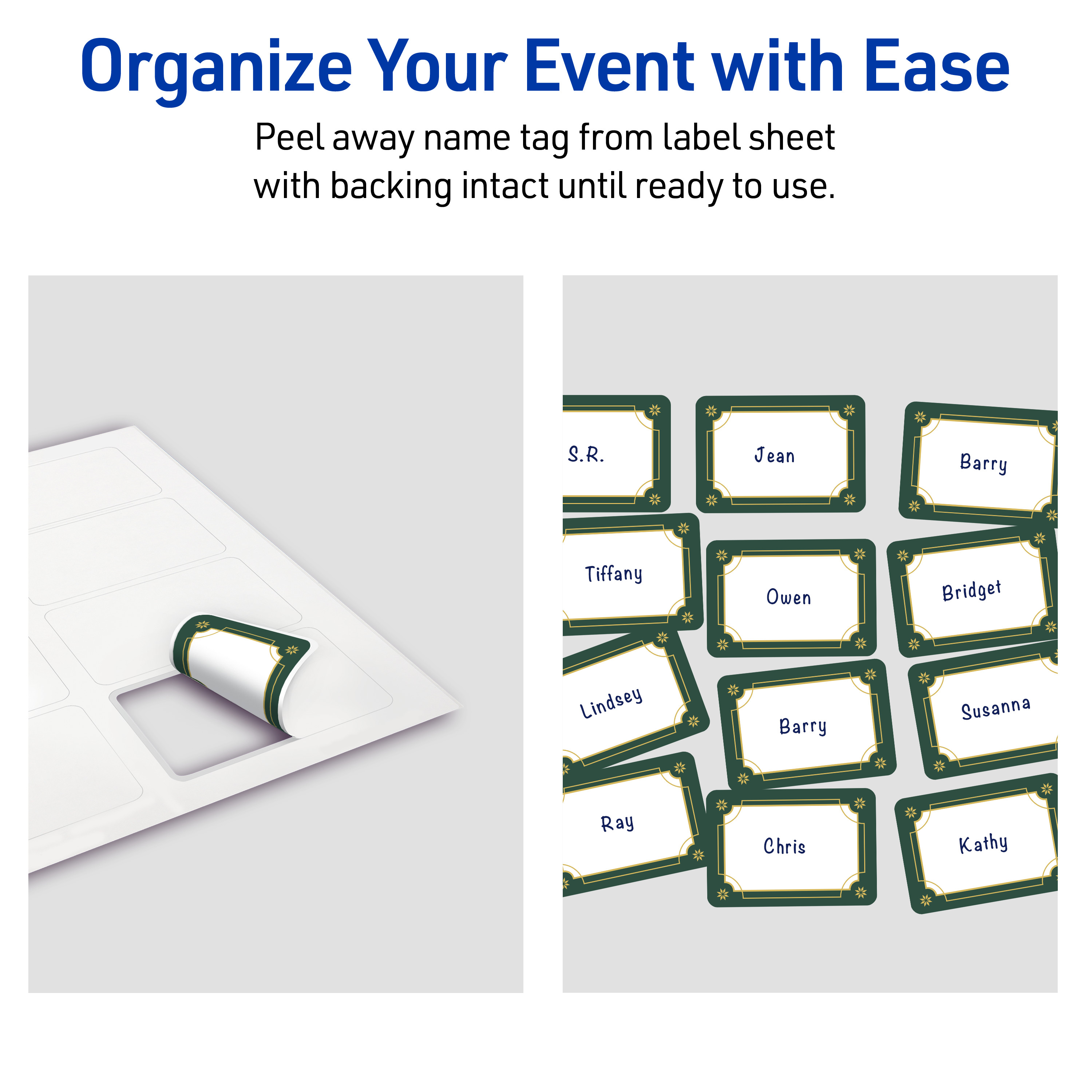 Avery Adhesive Name Tags, Matte White, Green & Gold