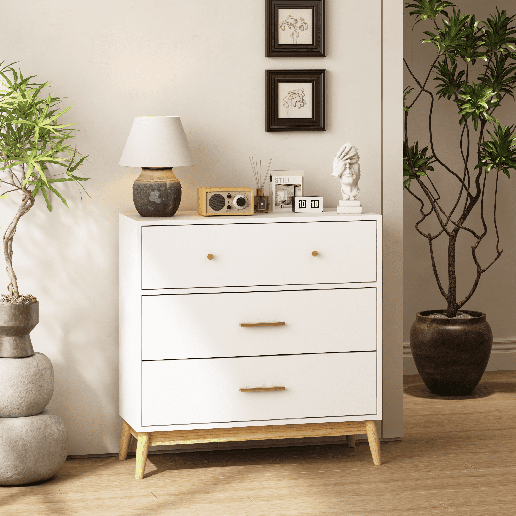 TrumanPick Nordic 3-Drawer White Dresser with Rose Gold Handles & Solid Wood Base - Small Space Storage
