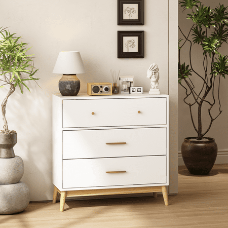 Nordic Style 3-Drawer Storage Cabinet Modern White Chest of Drawers with Rose Gold Handles & Solid Wood Base Small Space Organizer for Office Kids Room Nursery