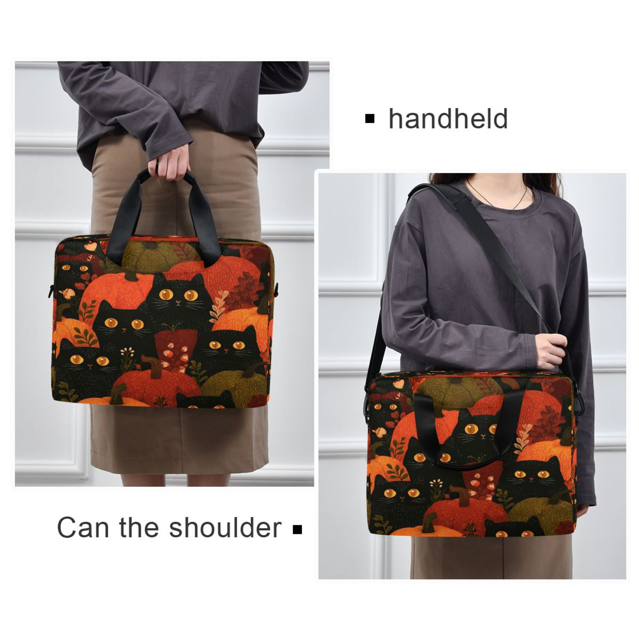 16" Laptop Tote Bag Laptop Sleeve Case Computer Briefcase for Work & Travel Black Cat Surrounded by Pumpkins