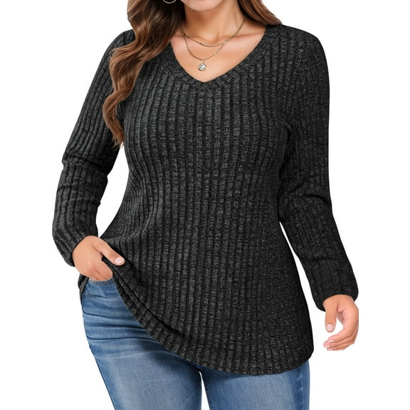 FlorCurve Plus Size Sweaters for Women V Neck Long Sleeve Pullover Sweaters Casual Solid Tunic Tops, Black XL