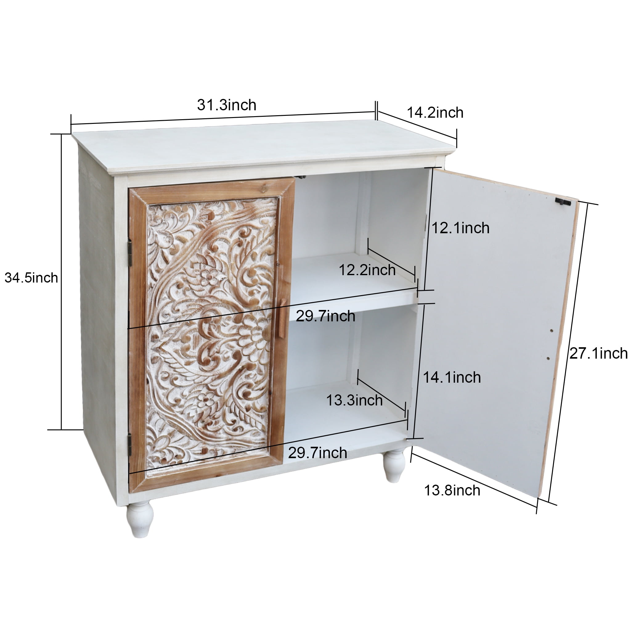Parisloft Farmhouse Wood Storage Cabinet with Carved Doors and Movable Shelf, 34.5"H