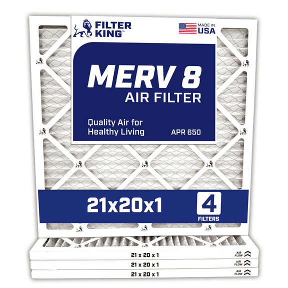 Filter King 21x20x1 Air Filter | 4-PACK | MERV 8 HVAC Pleated A/C Furnace Filters | MADE IN USA | Actual Size: 21 x 20 x .75"