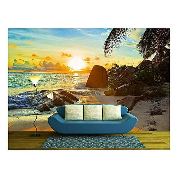 wall26 - Tropical Beach at Sunset - Nature Background - Removable Wall Mural | Self-Adhesive Large Wallpaper - 66x96 inches