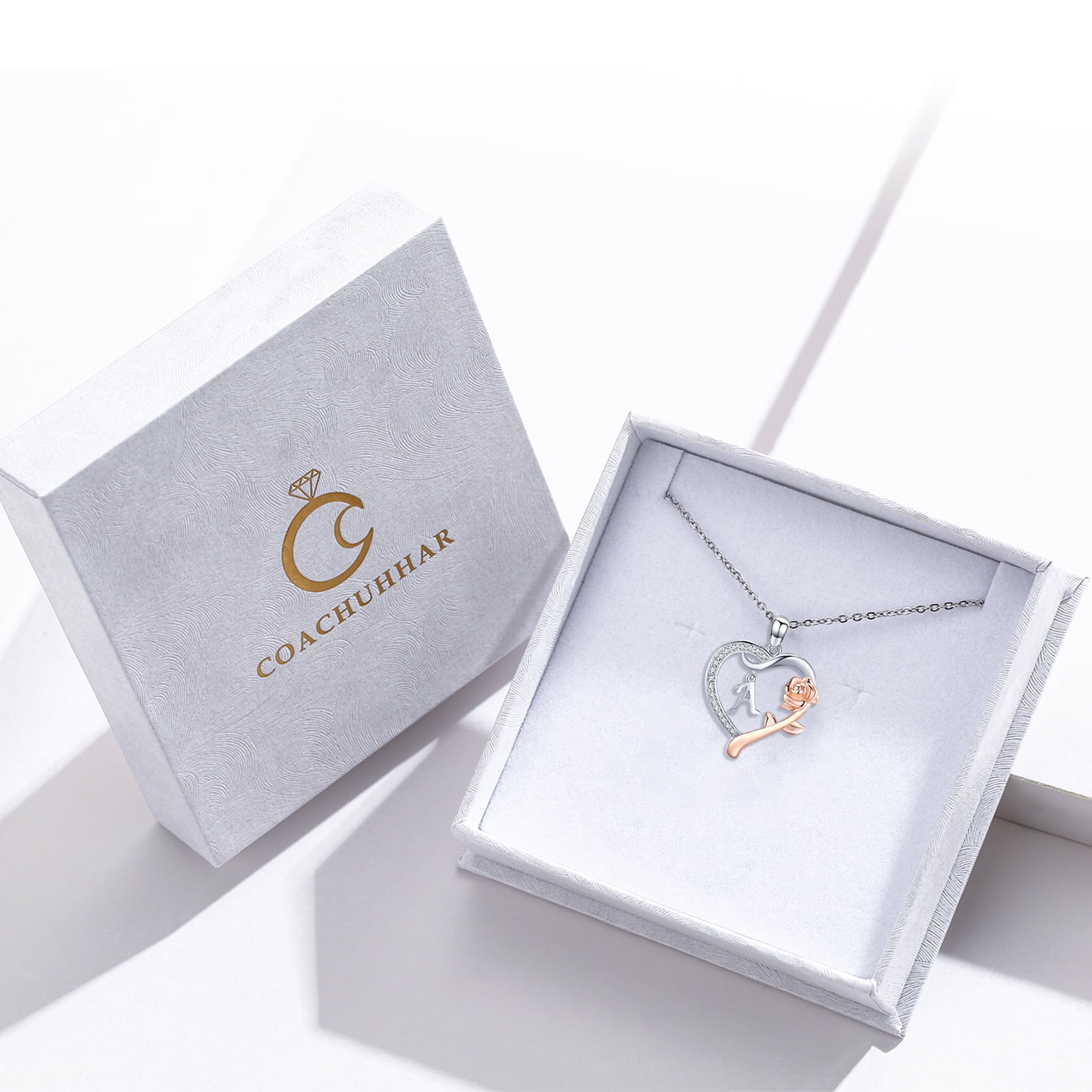 Coachuhhar Initial Letter Necklace 925 Sterling Silver Love Heart Letters with Rose Flower Pendant Necklace Jewelry Gifts for Women