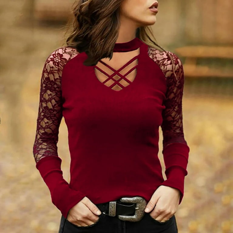 Kcodviy Ladies New Slim Elastic U neck Printed Lace Sexy Long Sleeve Top Womens Running Clothes Womens Compression T Shirt Casual Tops Women Summer Cotton Active Tops Women Long Sleeve Tee Shirts for