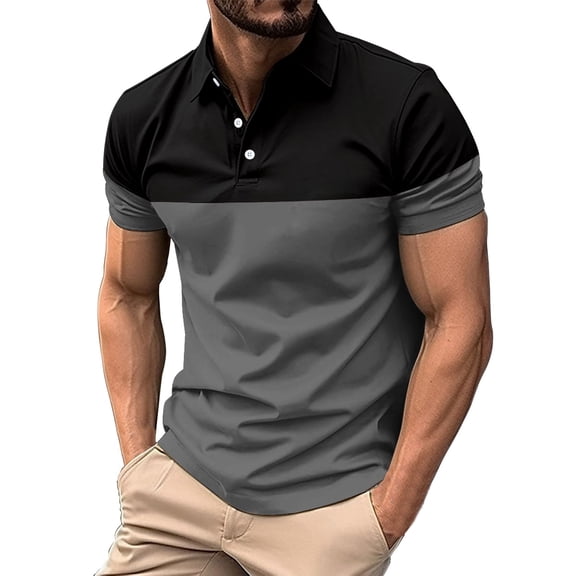 LRGSHF Polo Shirts for Men Short Sleeve Color Block Pullover Slim Fit Contrast Tops Summer Golf Daily Casual Outfit Gray 2XL