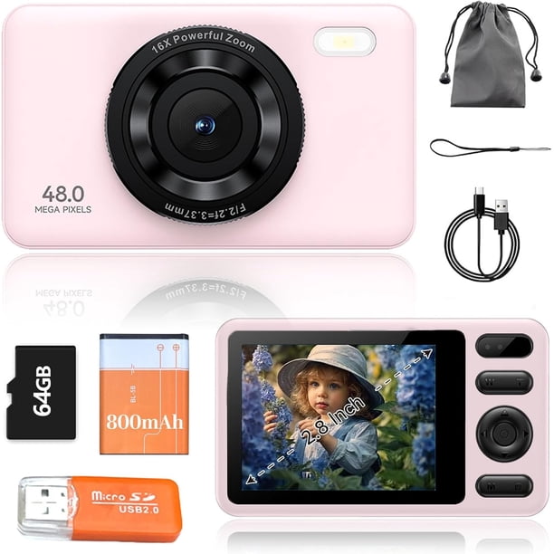 Cámara digital, cámara HD con zoom de 48MP, zoom digital de 16x, pantalla a color IPS de 2,8 pulgadas, antivibración, incluida tarjeta de memoria de 64 GB,transmisión directa OTG al teléfono móvil