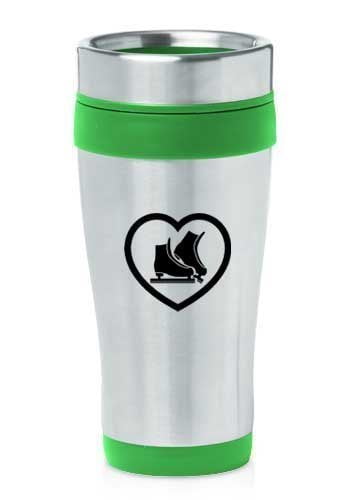 Green 16oz Insulated Stainless Steel Travel Mug Heart Ice Skates,MIP by