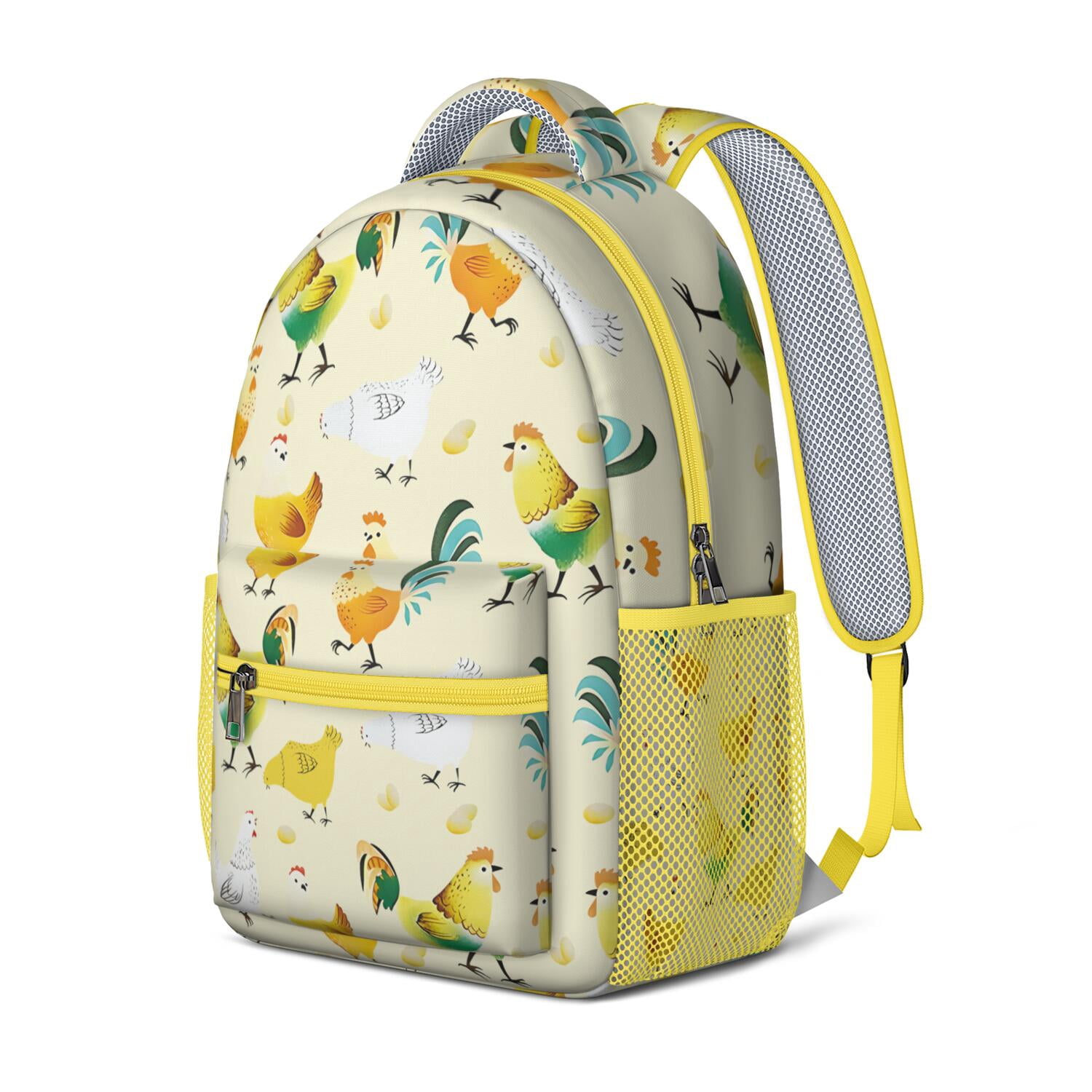 Farm Chicken and Moon Print School Backpack - Ergonomic Waterproof Bag with Breathable Mesh Straps & Side Pockets