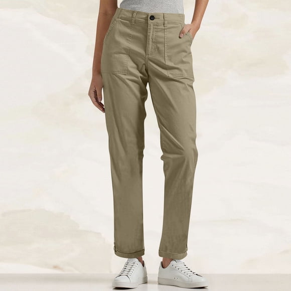 Women Chino Pants Solid Colour Dressy Casual Wide Leg Ankle Pants Elastic Waist Casual Work Trousers Women's Work Pants Khaki L