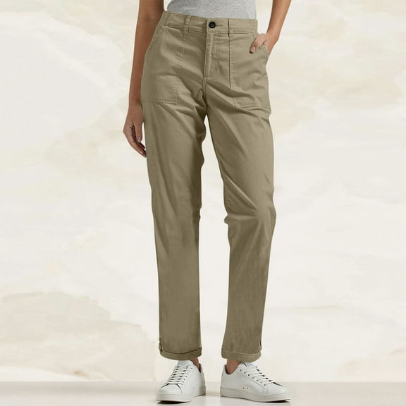 DPTALR Women's Solid Color Casual Elastic Waist Belted Pocket Pentagonal Work Pants,Khaki,Size L