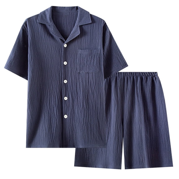 ShomPort Sleepwear Set fo Mens Short Sleeve Turn Down Pleated Comfort Loungewear Solid Color Lightweight Pajamas with Chest Pockets
