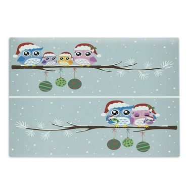 Christmas Cutting Board, Owl Family on Tree Branch Celebration Holly Jolly Season New Year Winter Night, Decorative Tempered Glass Cutting and Serving Board, Large Size, Multicolor, by Ambesonne