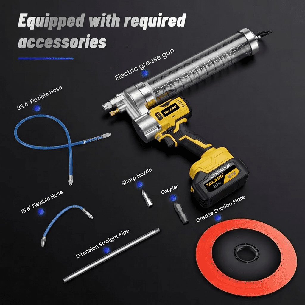 TALADO 21V Electric Grease Gun Kit, 10,000 PSI, Cordless, 2×6.0Ah Batteries, LED Light & Hose, for Cars, Trucks & Farm Equipment