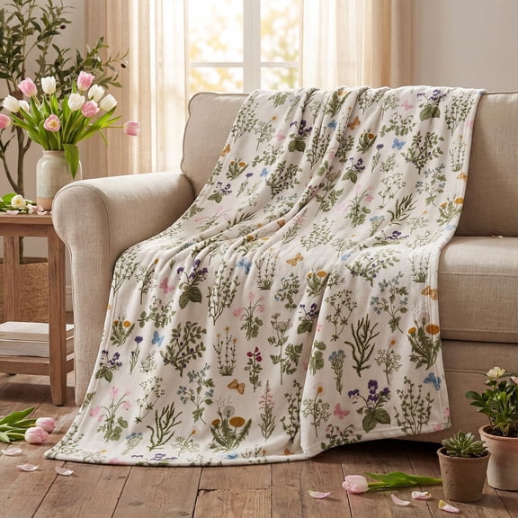 Spring Summer Flannel Blanket Throw, Green Plants Wild Flowers Soft Fuzzy Plush Cozy Fleece Blankets for Couch Sofa Bed Lounging, Ideal Gifts for Kids Adults Self, 50x60