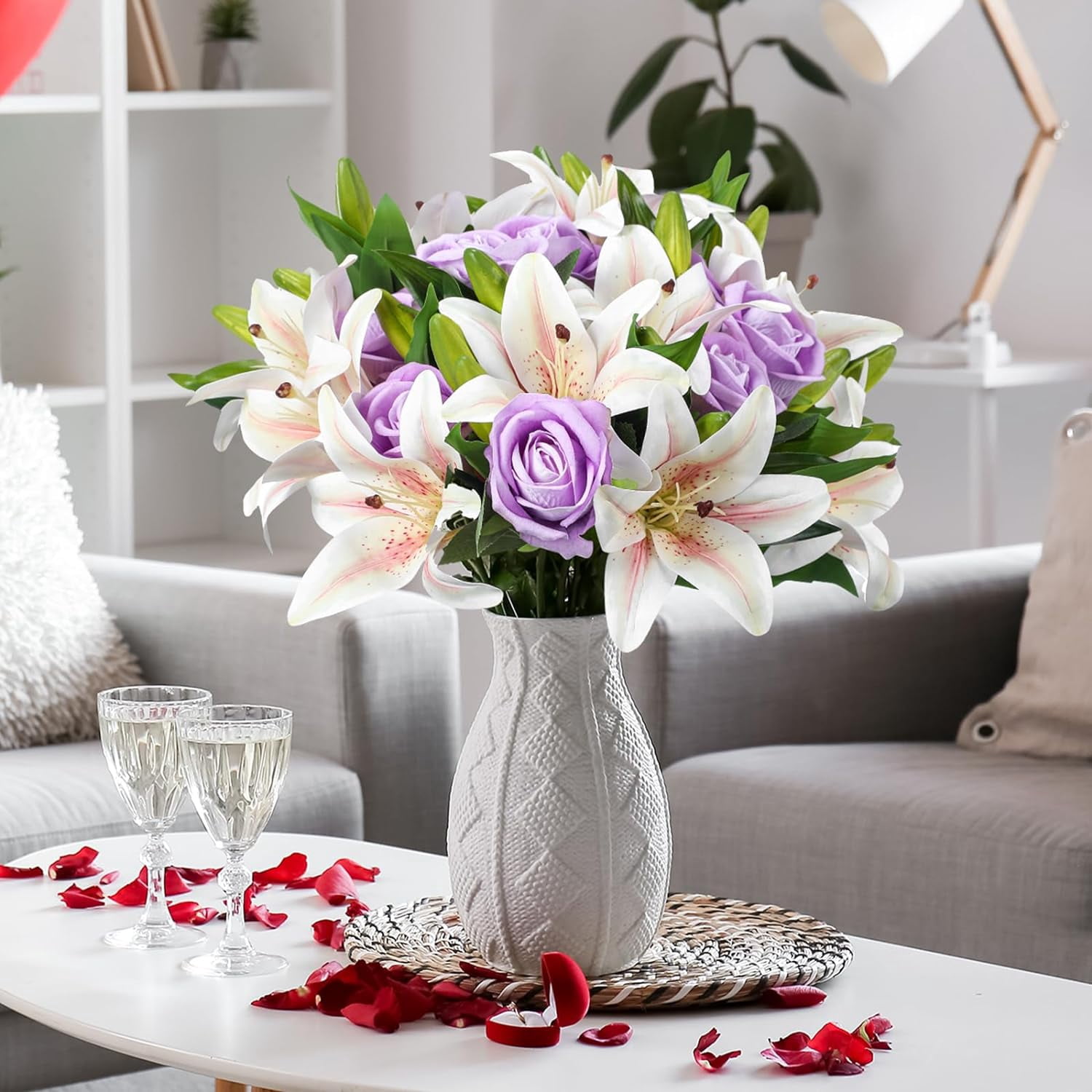 PINSAI Artificial Flowers Velvet Realistic Red Roses and Latex Lilies Flowers Bouquet Decorations Flower Arrangements for Mother's Day Wedding Party Bouquet Table
