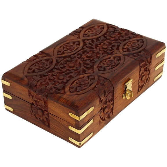 Ajuny Wooden Hand Carved Decorative Floral Carvings Jewelry Storage Organiser Multipurpose Trinket Keepsake Jewellery Box 8x5 inch