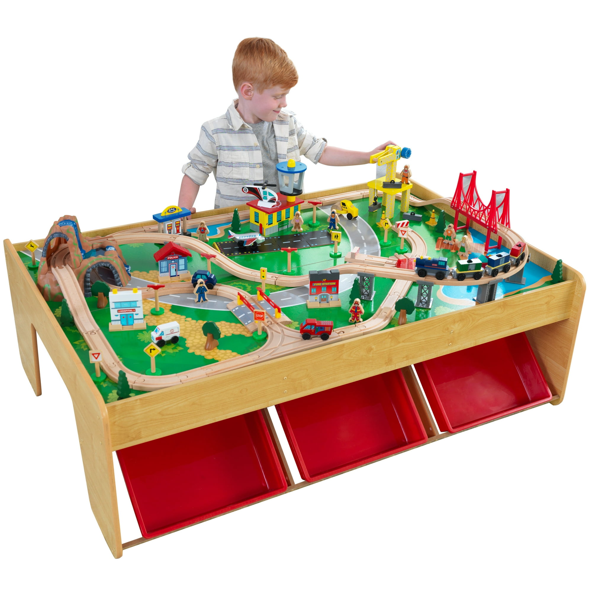 KidKraft Waterfall Mountain Wooden Train Set & Table with 120 Pieces, 3 Storage Bins