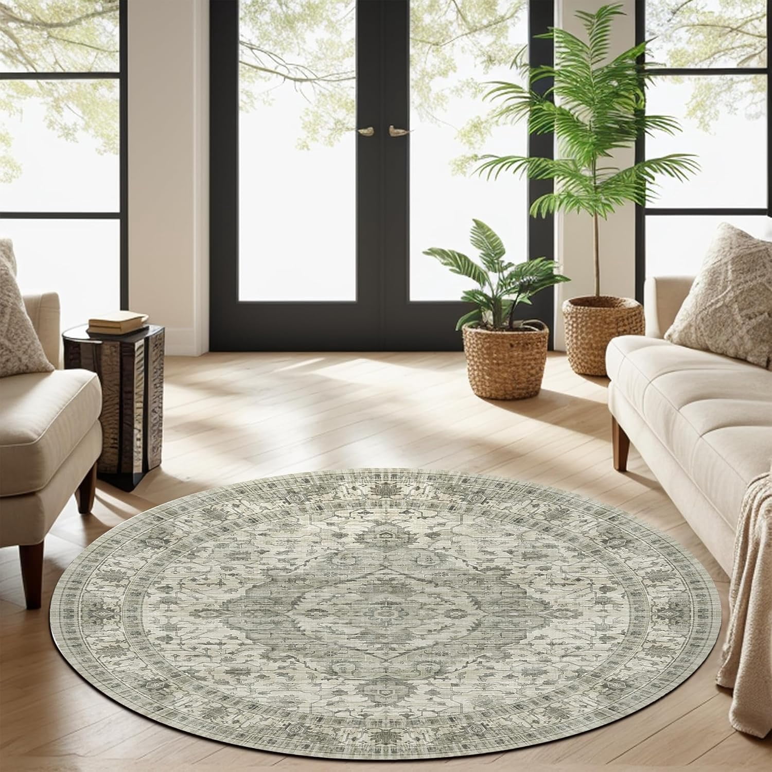 Boho Round Rug 5ft- Faux Wool Non-Slip Dreely Vintage Washable Area Rug ...