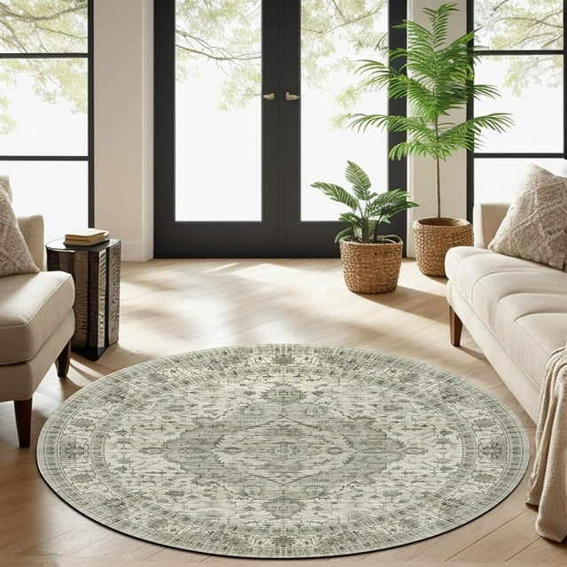 Boho Round Rug 5ft- Faux Wool Non-Slip Dreely Vintage Washable Area Rug Small Distressed Throw Rugs Floor Carpet for Door Mat Entryway Bedrooms Laundry (Round - 5' Diameter Cream)