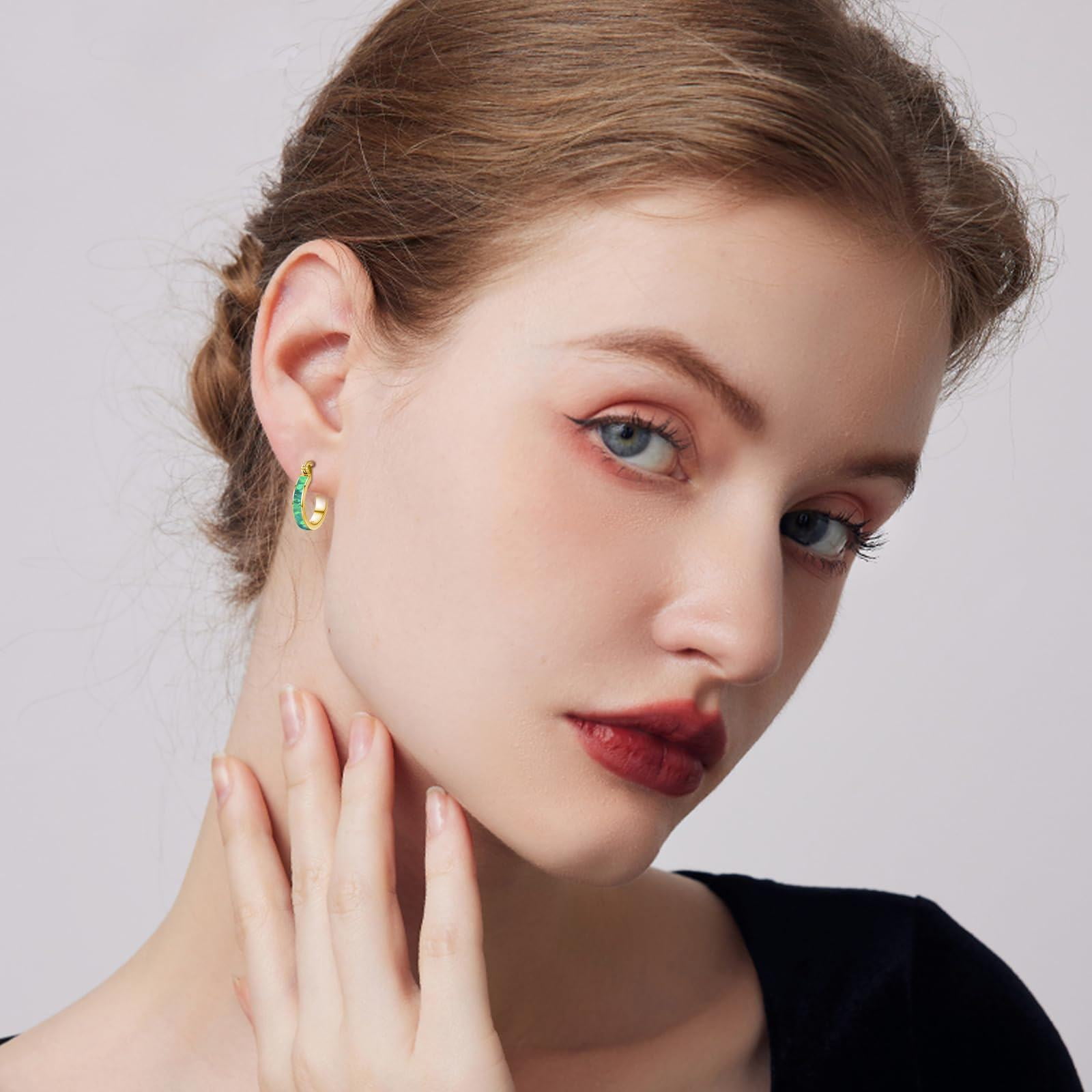 Coachuhhar Opal Hoop Earrings for Women 925 Sterling Silver Hypoallergenic Huggie Earrings Tiny Cartilage Earrings Mini Hoops Earrings Small Earrings Opal Jewelry for Mother's Day