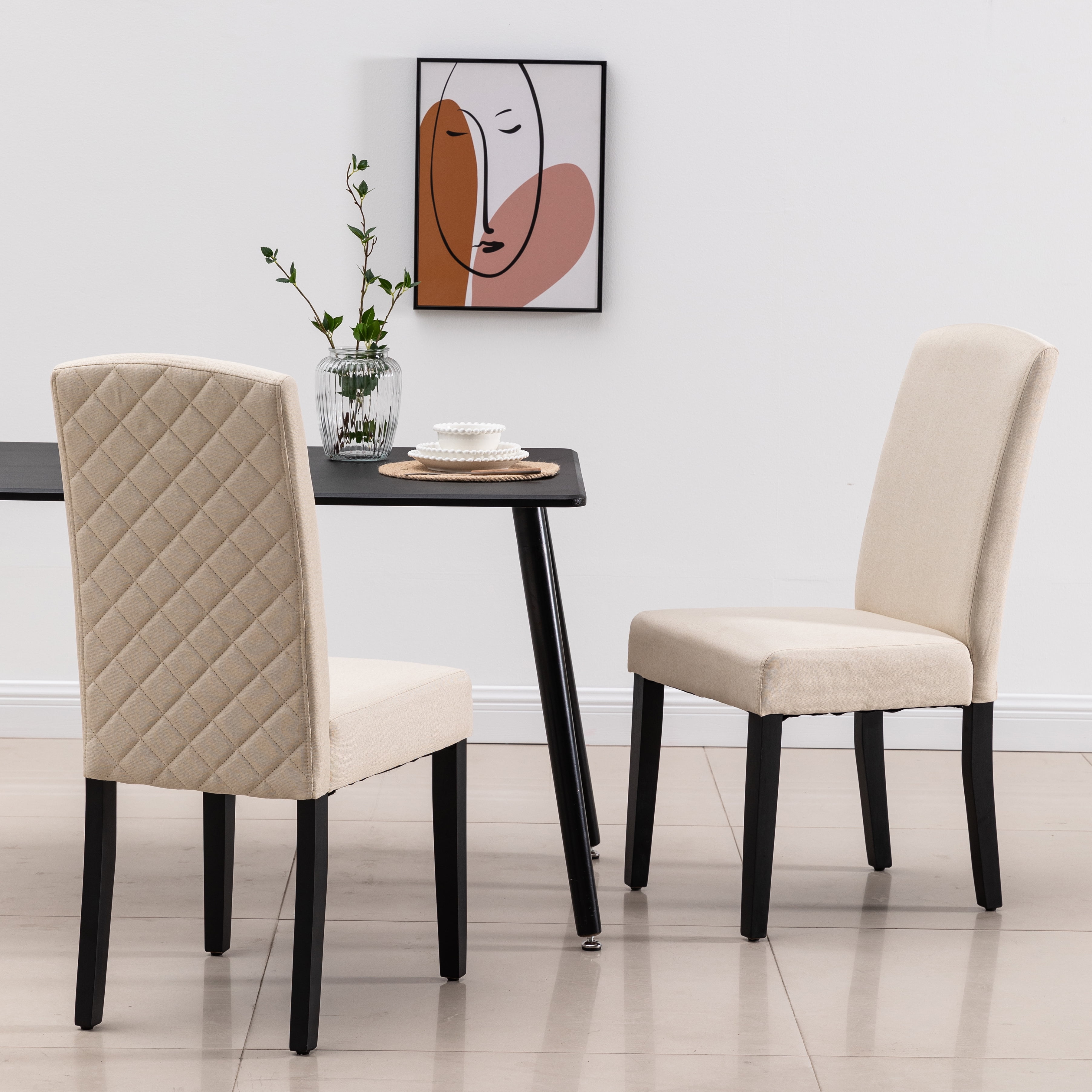 Modern 2 PC Polyester Dining Chair Set with Diamond Tufted Back and Wooden Legs, Beige - AC Pacific